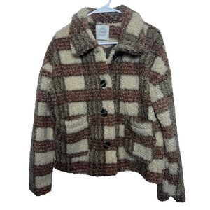 Stoosh Brown Plaid Sherpa Fleece Button Front Jacket Collared Women S Teddy Borg
